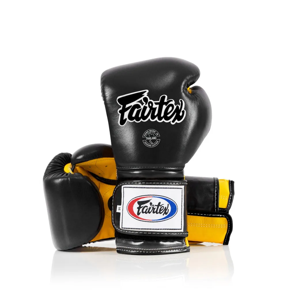Fairtex Heavy Hitter's Mexican Style Боксови Ръкавици BGV9 в черно и жълто, страничен изглед