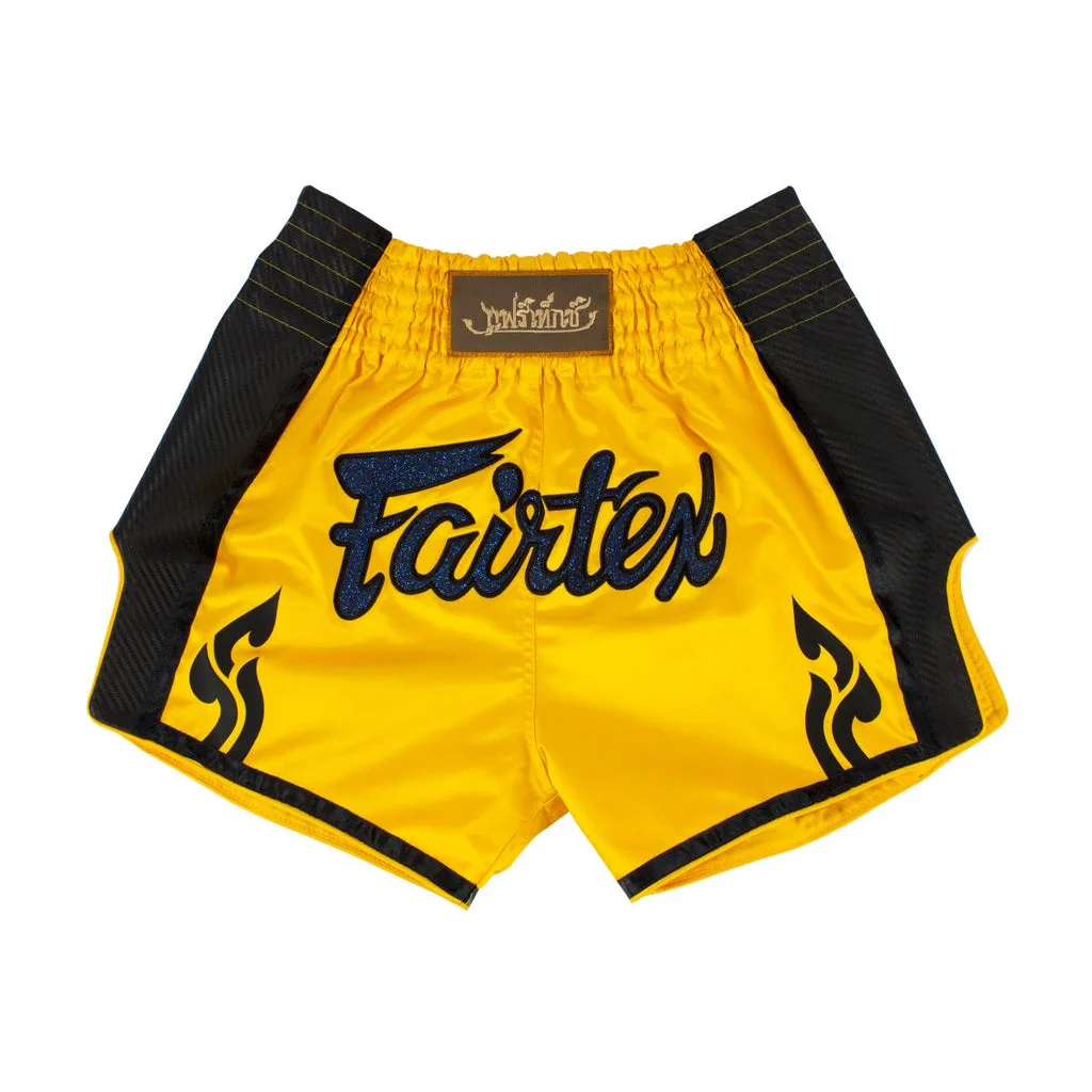Ярки жълти кикбокс шорти Fairtex BS1701 с висока цепка и логото на Fairtex