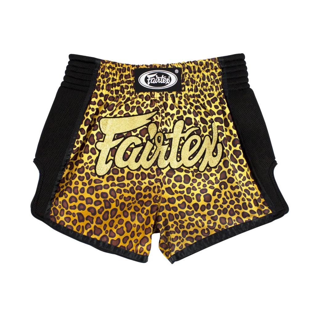 Fairtex BS1709 Gold шорти за кикбокс с леопардов принт, изглед отпред