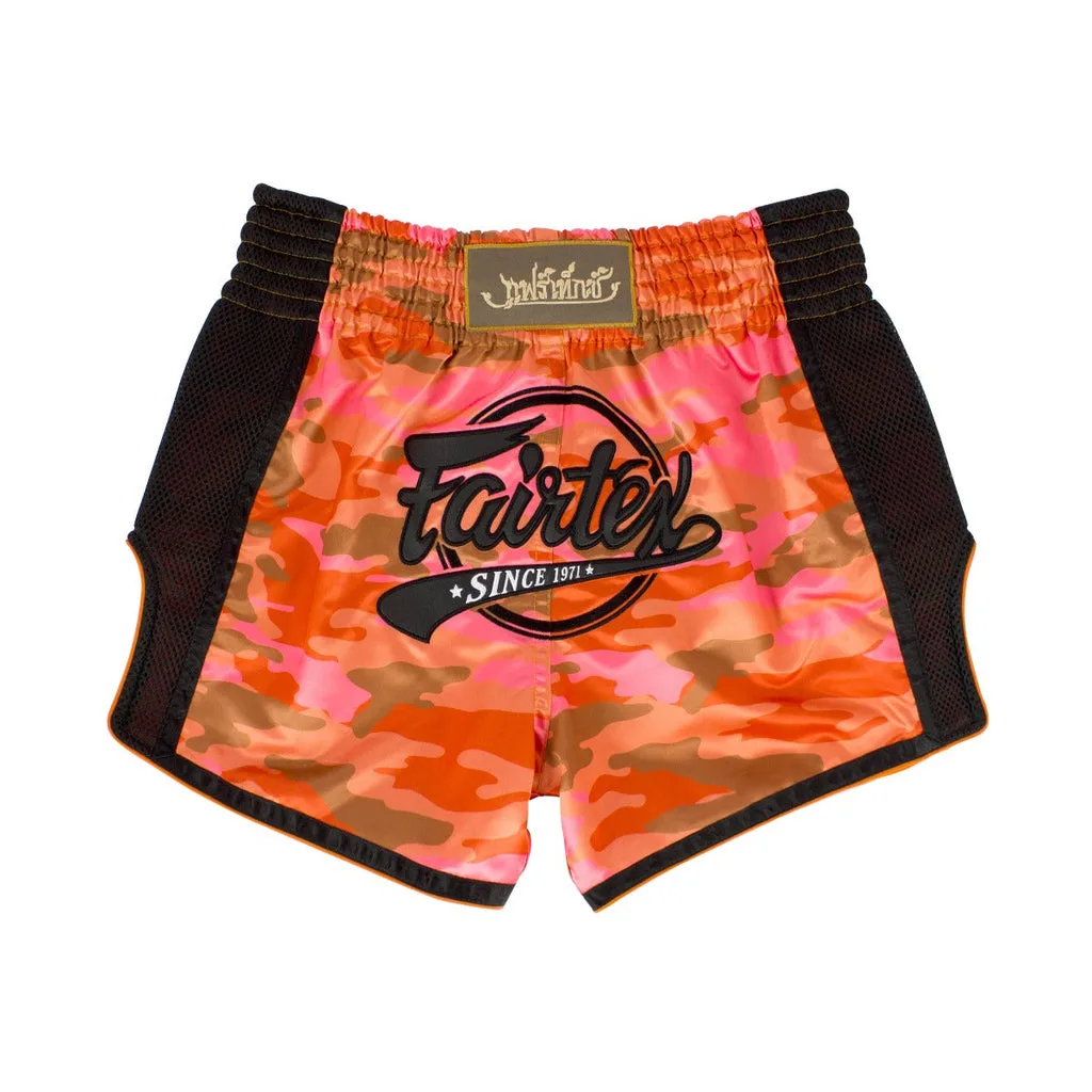Fairtex Kickboxing Shorts Orange Camo BS1711 в оранжев камуфлажен десен, показани отпред на бял фон