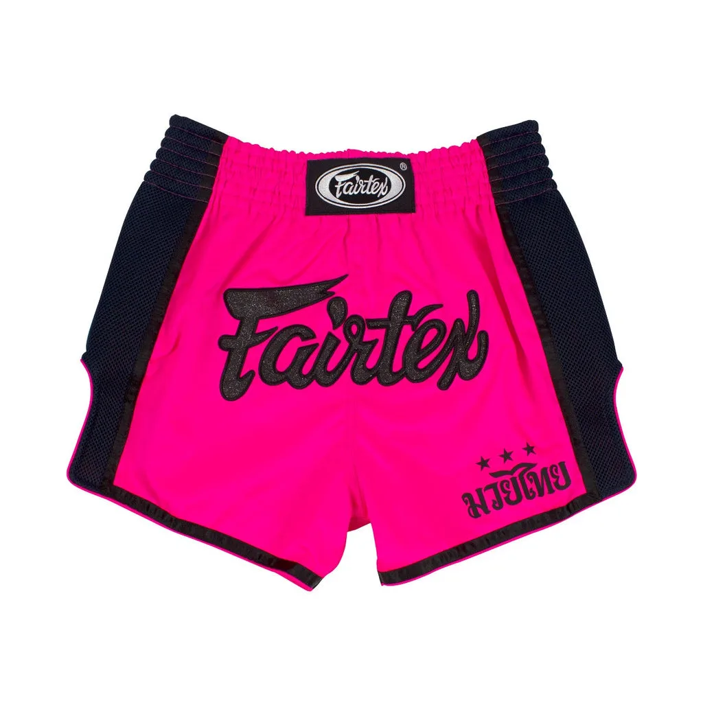 Fairtex Кикбокс Шорти Shocking Pink BS1714 в наситен розов цвят, с черно лого и надпис на тайландски