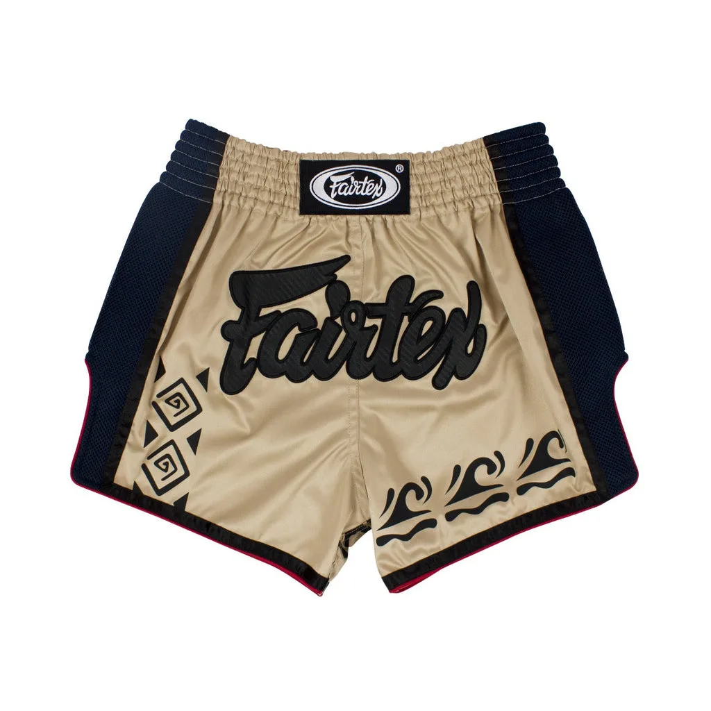 Fairtex Kickboxing Shorts Tribal BS1713 в цвят каки с племенни мотиви и черно лого на Fairtex