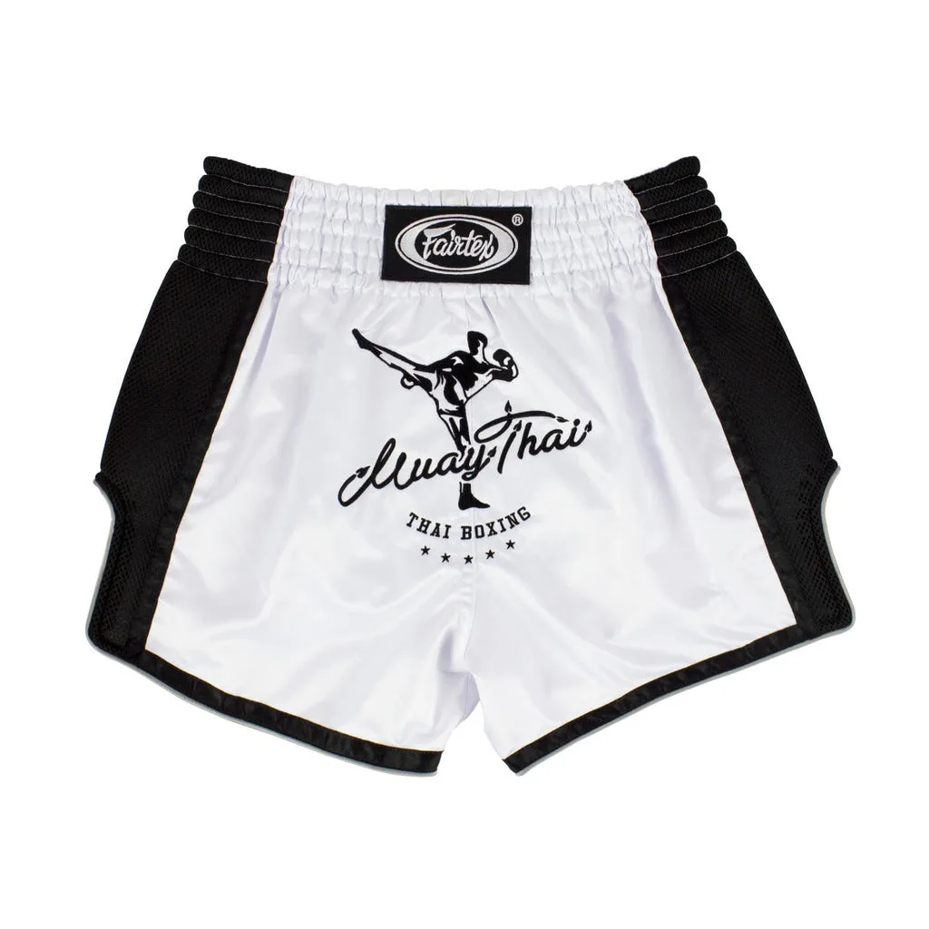 Бели шорти Fairtex BS1707 за кикбокс и Муай Тай с емблема на боец