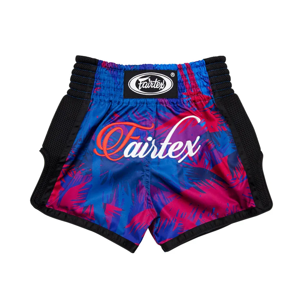 Детски шорти Fairtex Summer BSK2102 в синьо и черно, с розови и лилави акценти, отпред