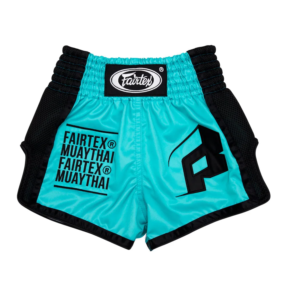 Детски шорти за Муай Тай Fairtex BSK2107 в тюркоазен цвят, с емблема на Fairtex