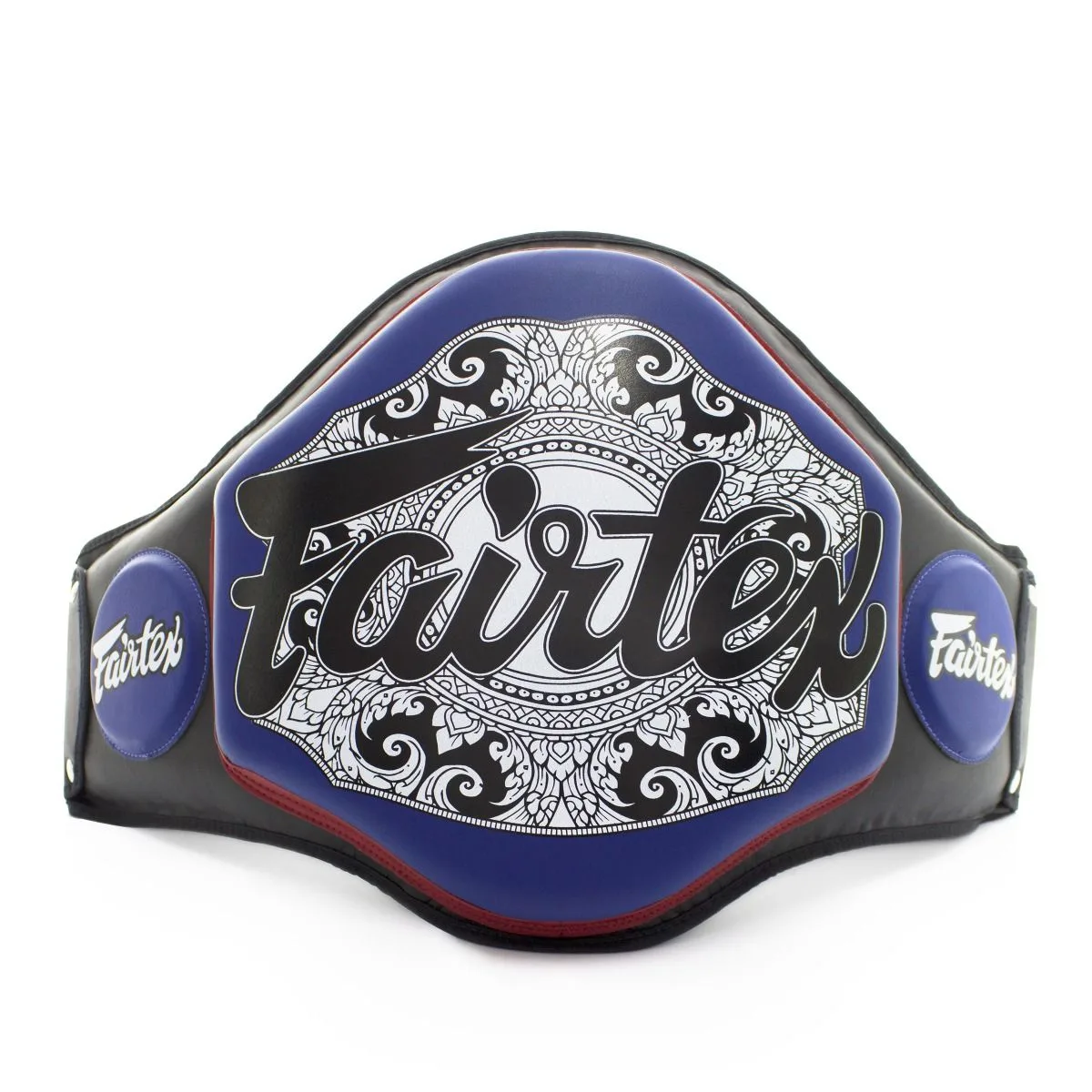 Fairtex Microfiber Belly Pad BPV3 в черно и синьо, показан отпред, с ясно видими зони за поемане на удари и маркировка на Fairtex.