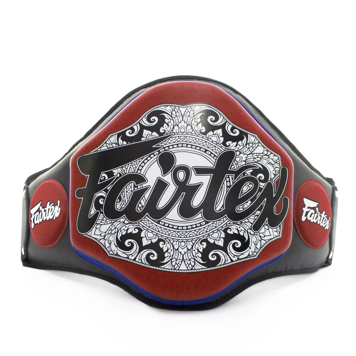 Fairtex Microfiber Belly Pad BPV3 в черно и червено, показващ подсилената предна част и широките презрамки за кръста