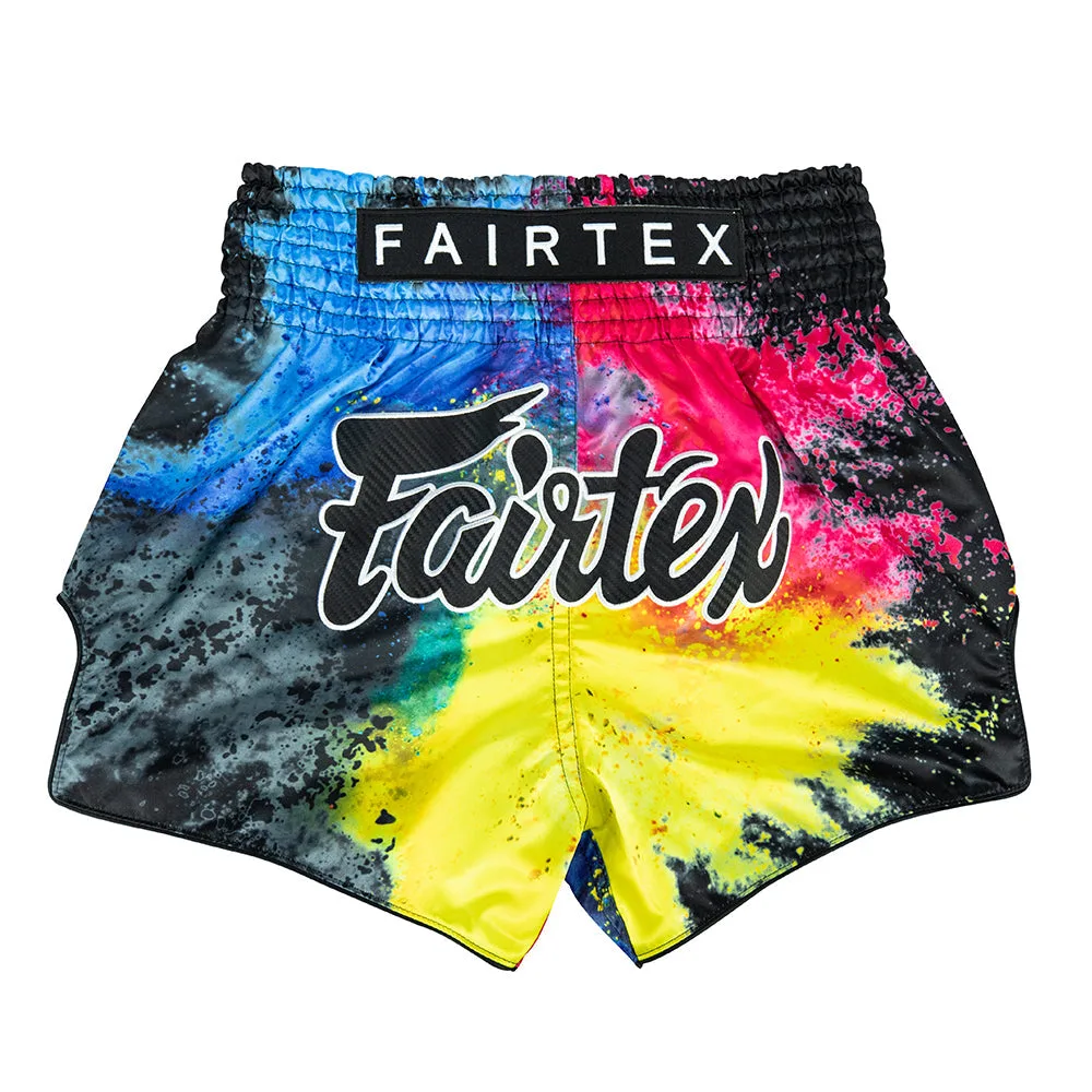 Черни шорти за муай тай Fairtex Black Acid Jazz BS1938, показани отпред, с логото на Fairtex и надпис 'Muay Thai' в златисто.