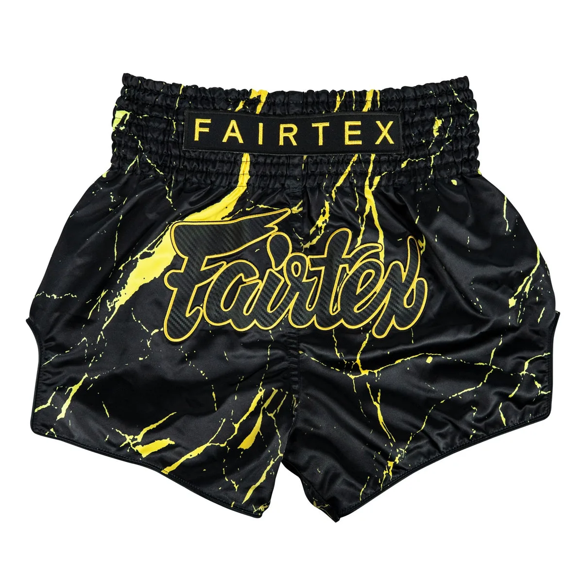 Fairtex Muay Thai Shorts Black Marble BS1947 – изглед отпред на шортите с черен мраморен десен и логото на Fairtex