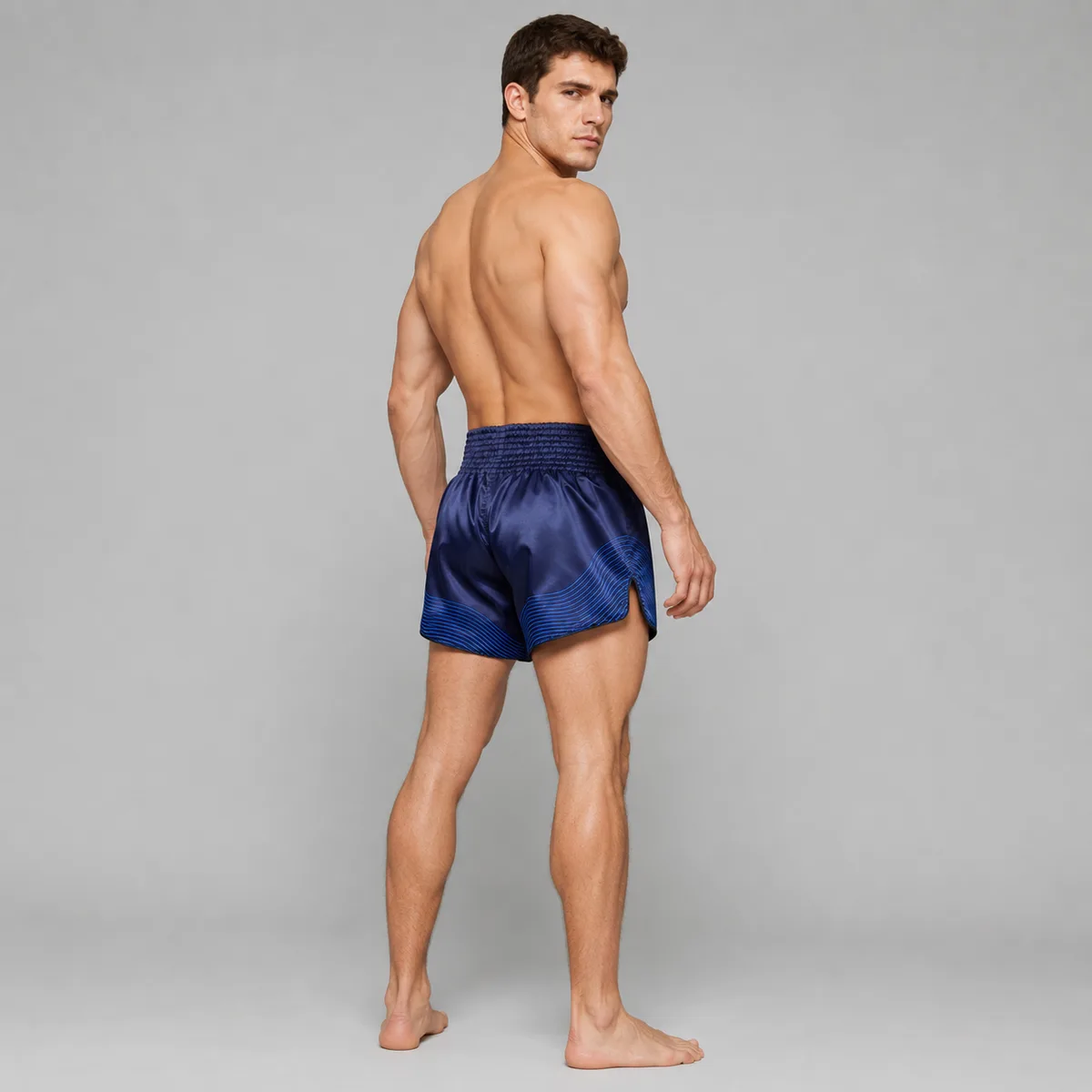Изглед отблизо на дизайна и кройката на Fairtex Muay Thai Шорти Blue Ocean BS1930, син цвят