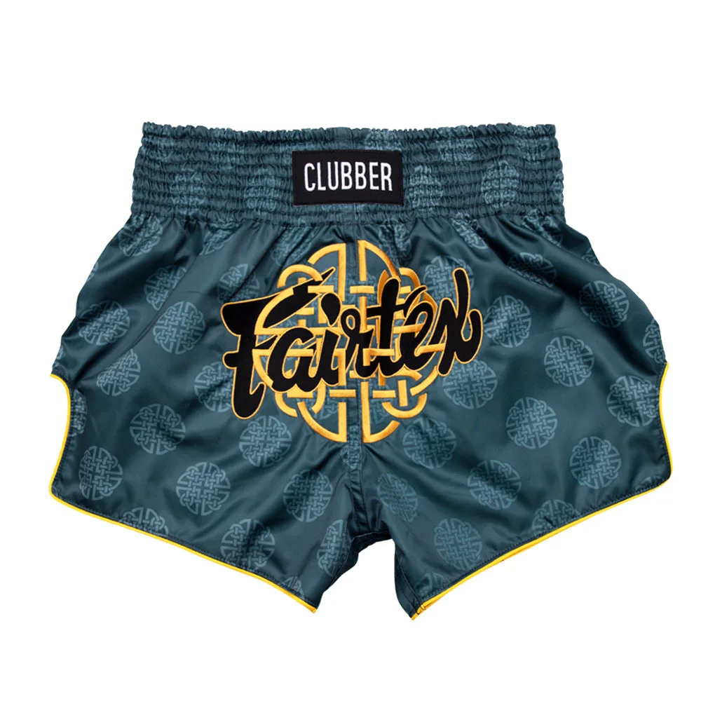 Fairtex Muay Thai Шорти Clubber BS1915 в цвят Pacific Green, преден план с акцент върху дизайна