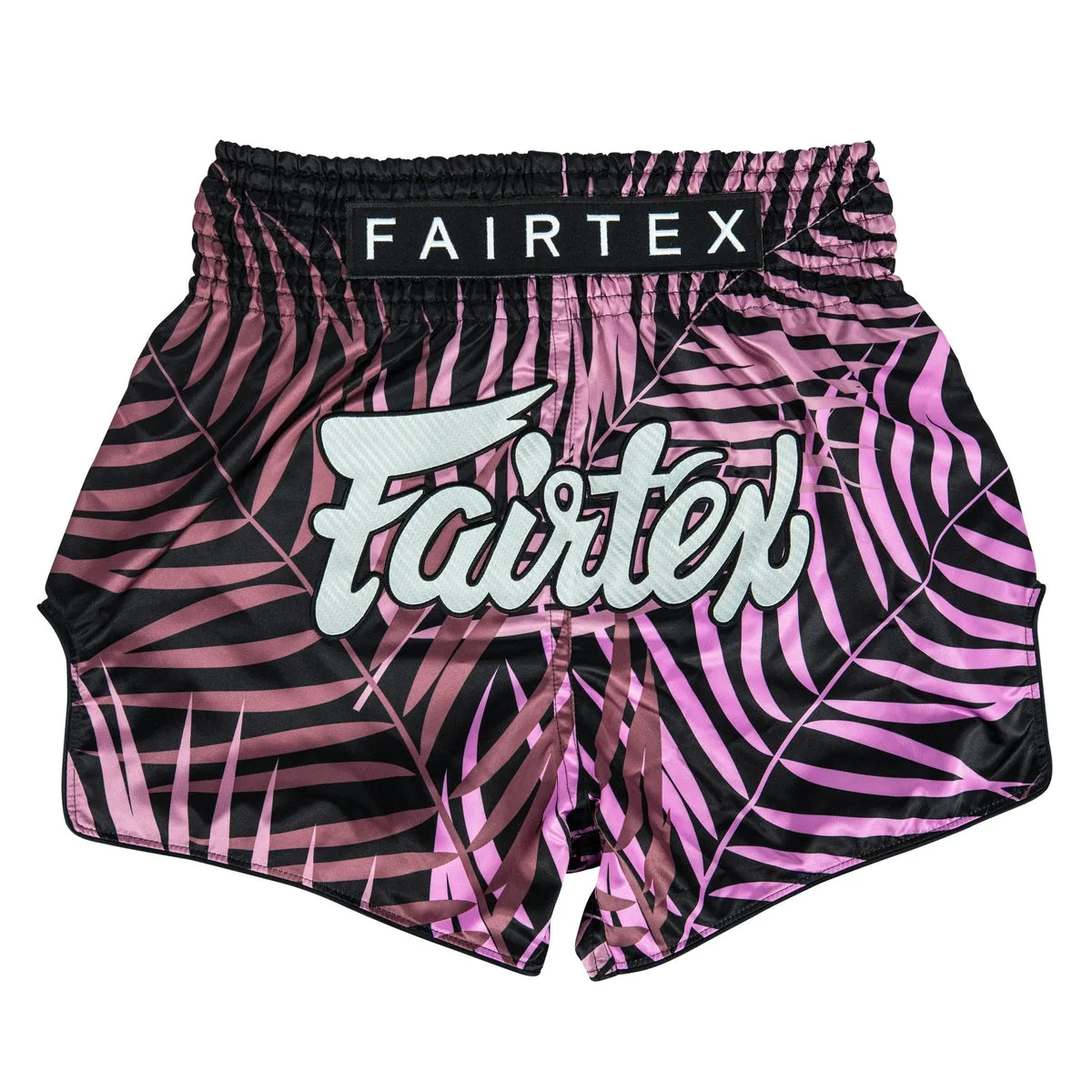 Мъжки шорти за муай тай Fairtex Forbidden Forest BS1943 с принт на лилави листа върху черна основа и бяло лого на Fairtex