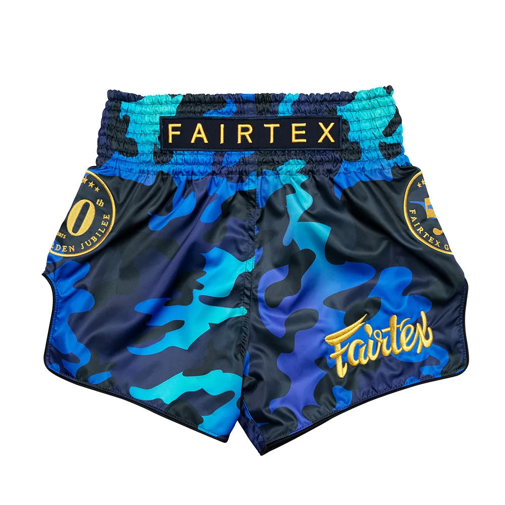 Fairtex Muay Thai Шорти Golden Jubilee Luster BS1916 в син цвят с камуфлажен принт и златно лого на левия крачол