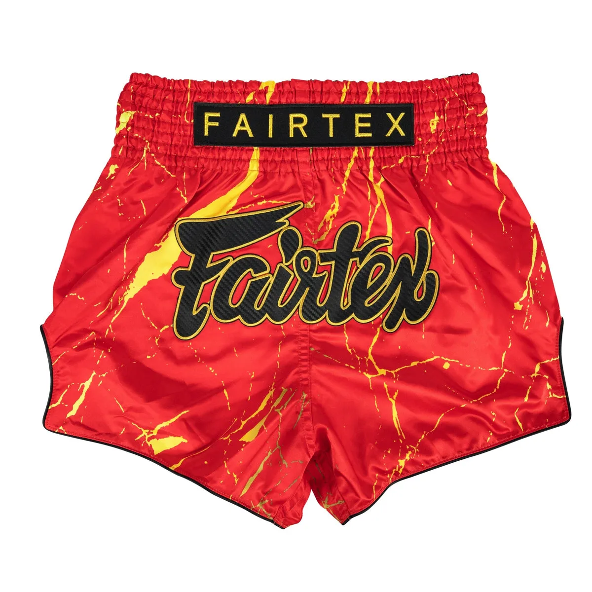 Fairtex Muay Thai Шорти Inferno BS1946 в огненочервено с жълти акценти, показващи дизайна на лава