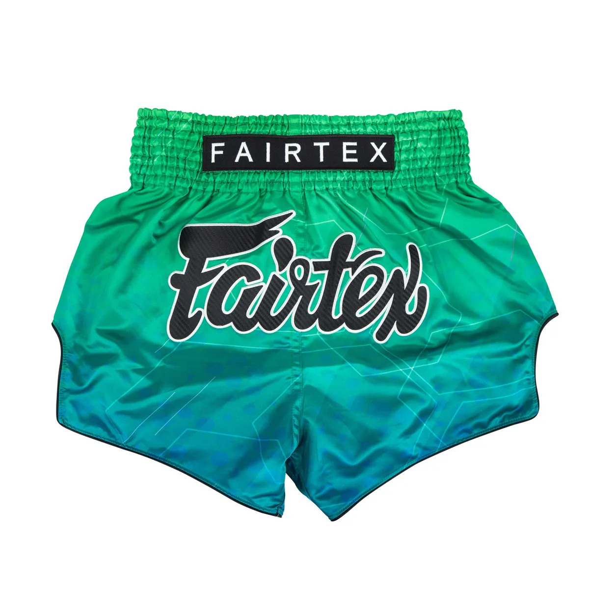 Fairtex Muay Thai Shorts Quantum BS1953 в синьо-зелен преливащ дизайн, показани отпред