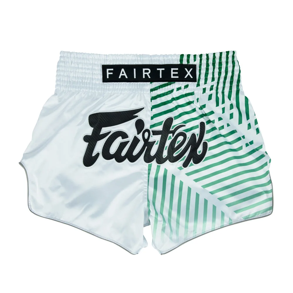 Бели шорти за муай тай Fairtex Racer White BS1923 с черни акценти и лого на марката