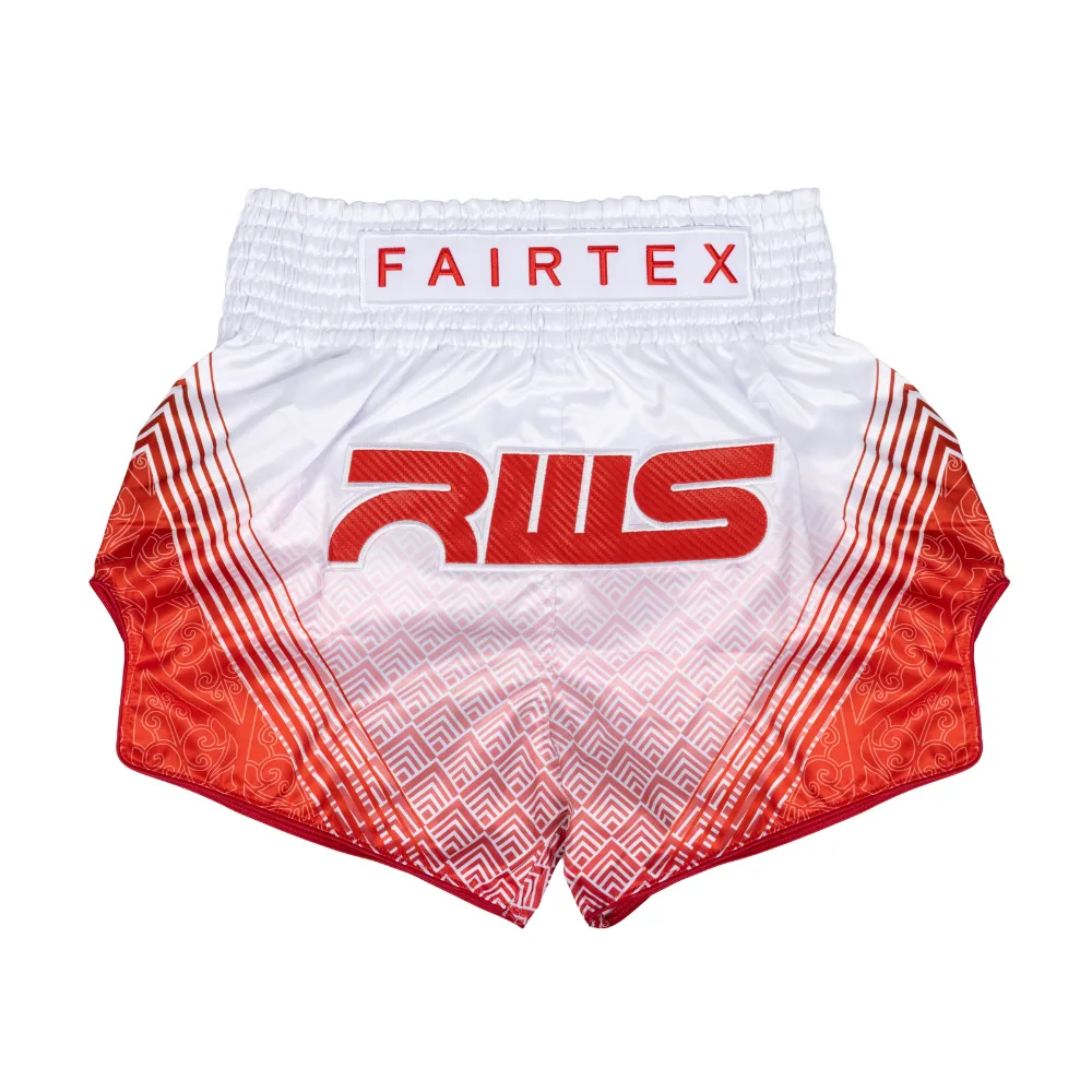Fairtex RWS White шорти за Муай Тай с бял цвят и специфичен дизайн, изработени от микро сатен, с логото на Fairtex на колана.