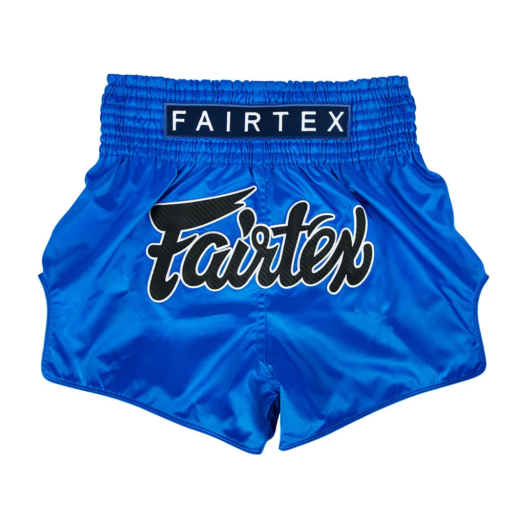 Муай тай шорти Fairtex Sapphire BS1935 в син цвят, показани отпред, с характерния дизайн и лого на Fairtex.