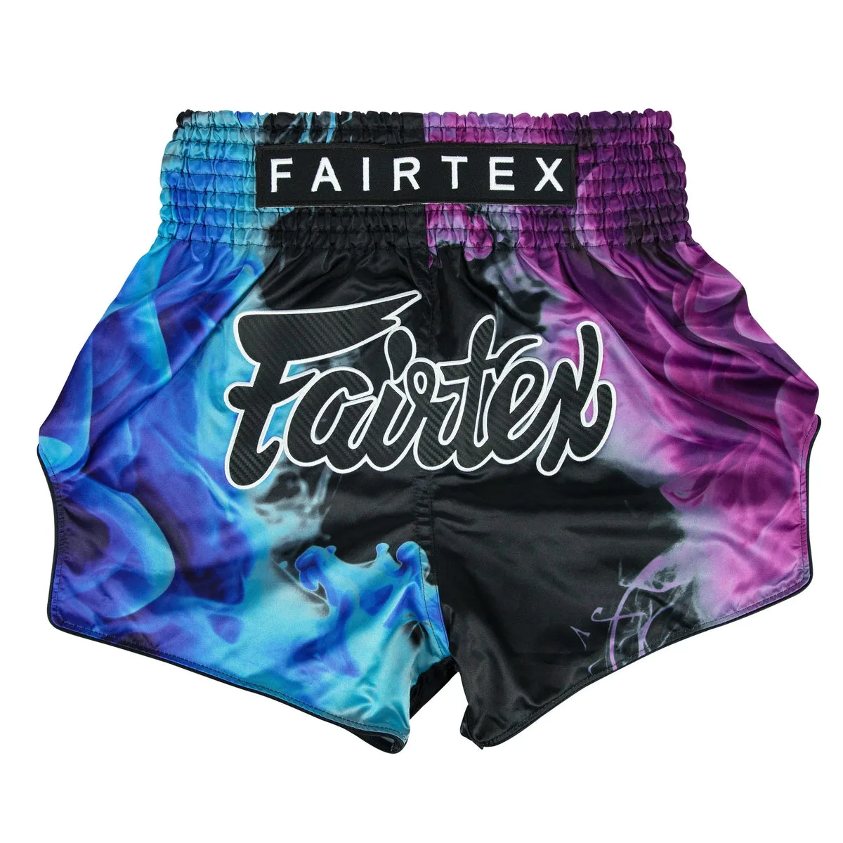 Fairtex Muay Thai шорти Tech House Black BS1951, изглед отпред, с лилави и сини пламъци