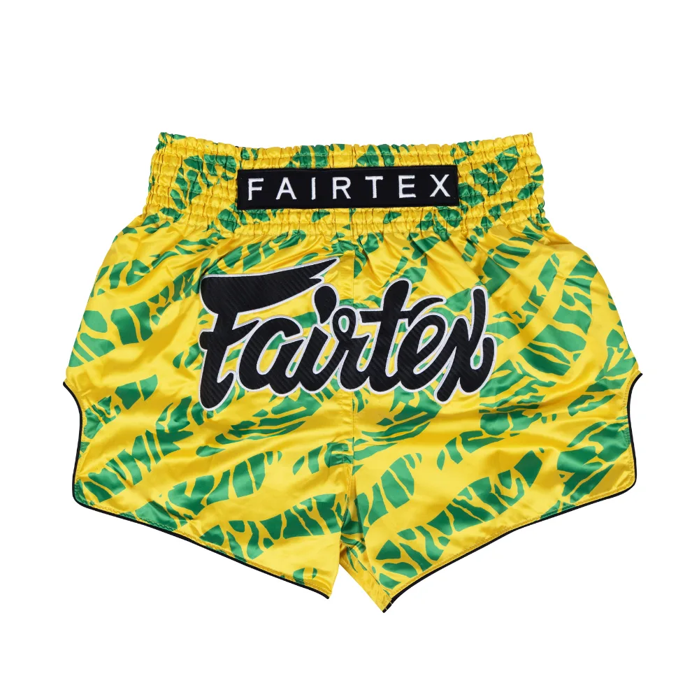Fairtex Muay Thai Shorts BS1959 в жълто и зелено, показани отпред