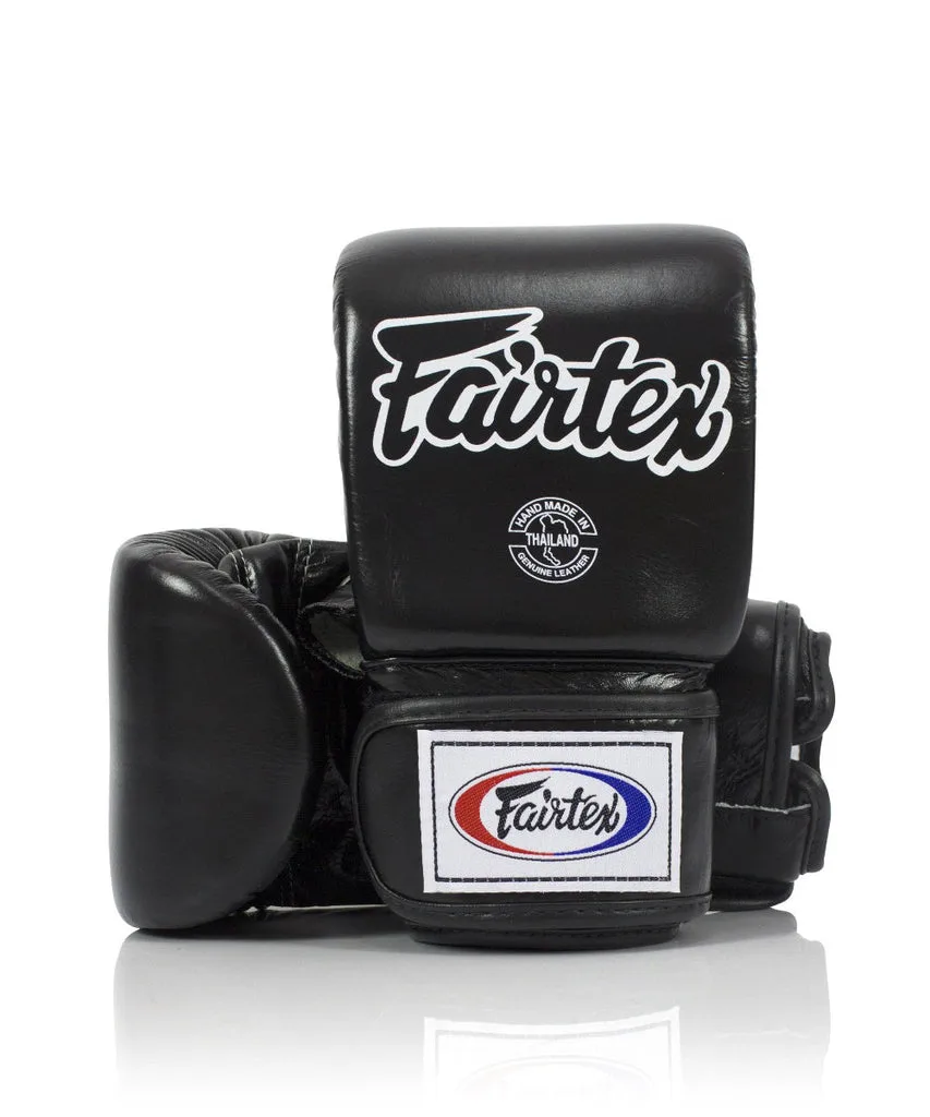 Fairtex Super Sparring Bag Gloves TGO3 с отворен палец в черен цвят, показани отпред