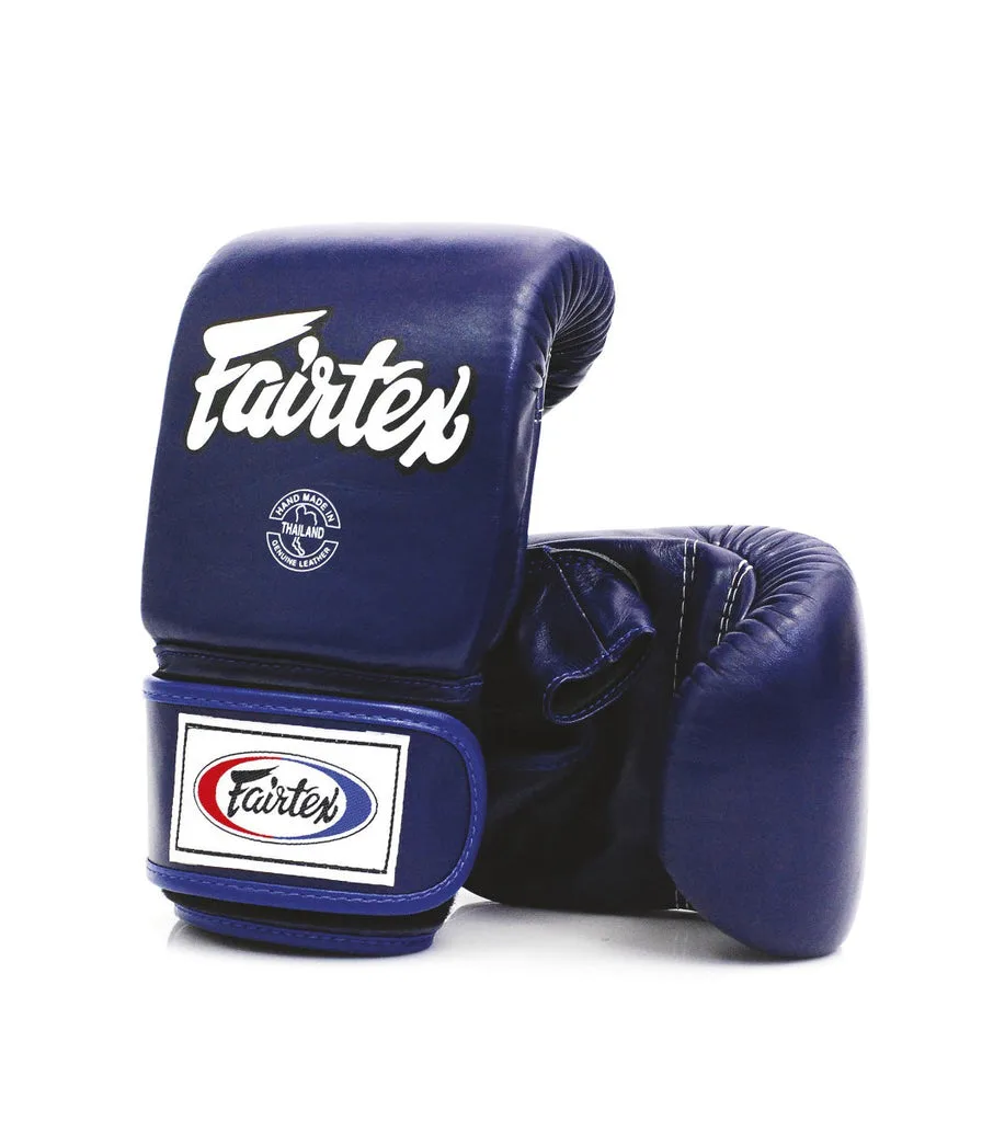Сини ръкавици Fairtex Super Sparring Bag Gloves TGO3 с отворен палец, изложени отпред.