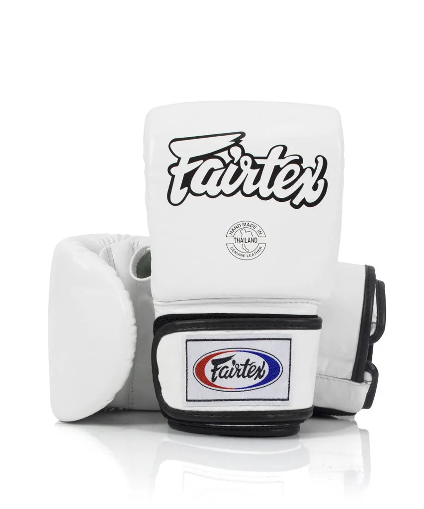 Бели ръкавици Fairtex Super Sparring Bag Gloves TGO3 с отворен палец, подходящи за тренировка на чувал и граплинг