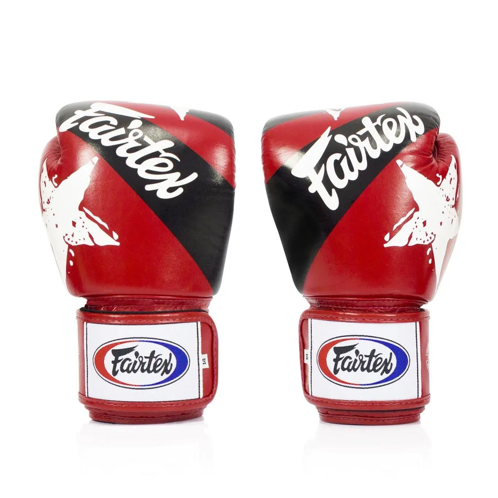 Fairtex Universal Gloves Nation Prints Edition BGV1 в червен цвят, с логото на Fairtex и уникален графичен дизайн, показани отпред