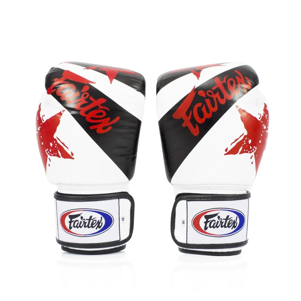 Бели боксови ръкавици Fairtex Universal Gloves Nation Prints Edition BGV1 с уникален принт, показани отпред.