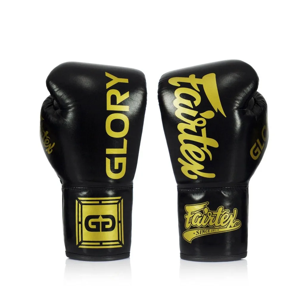 Черни боксови ръкавици Fairtex x Glory Kickboxing Competition Gloves BGLG1 с връзки, брандирани с логата на Fairtex и Glory.
