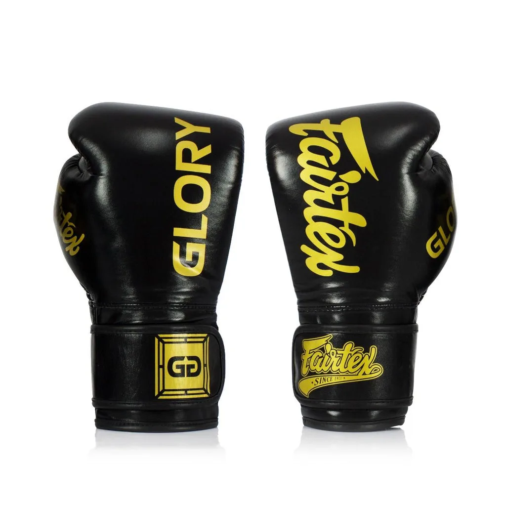 Черни боксови ръкавици Fairtex x Glory Kickboxing BGVG1 с велкро закопчаване, показани отпред