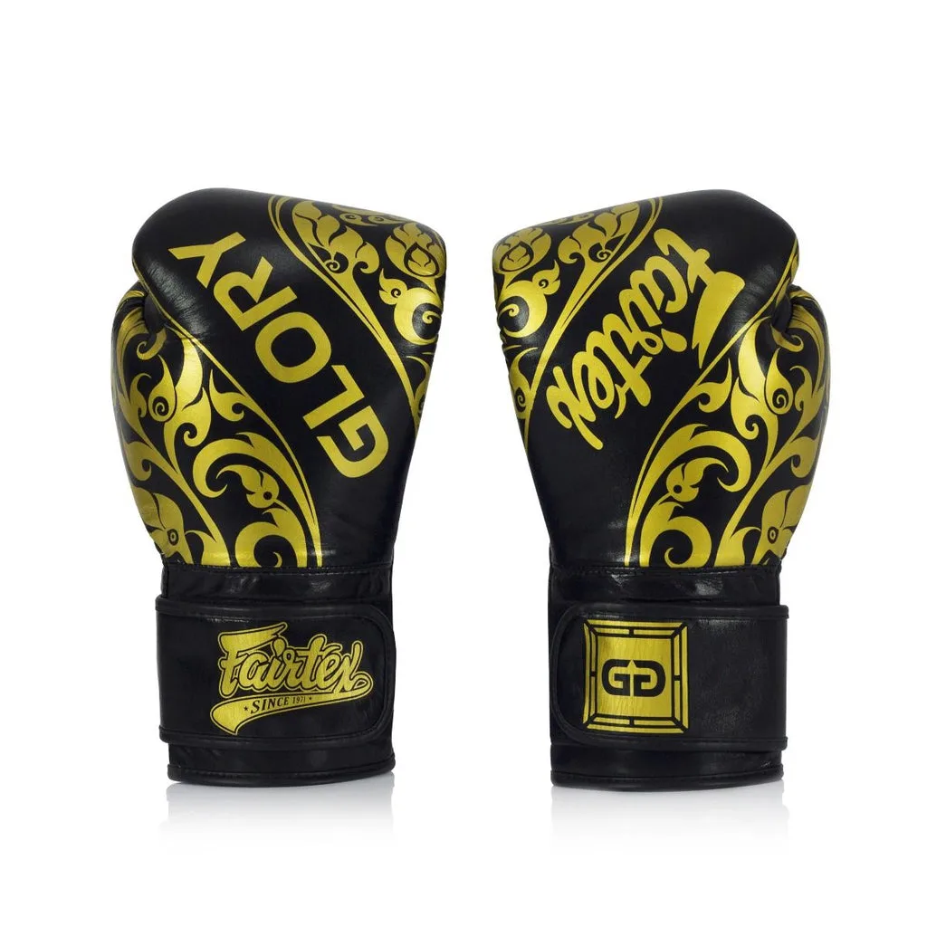 Черни боксови ръкавици Fairtex x Glory BGVG2 с велкро закопчаване, поставени една до друга