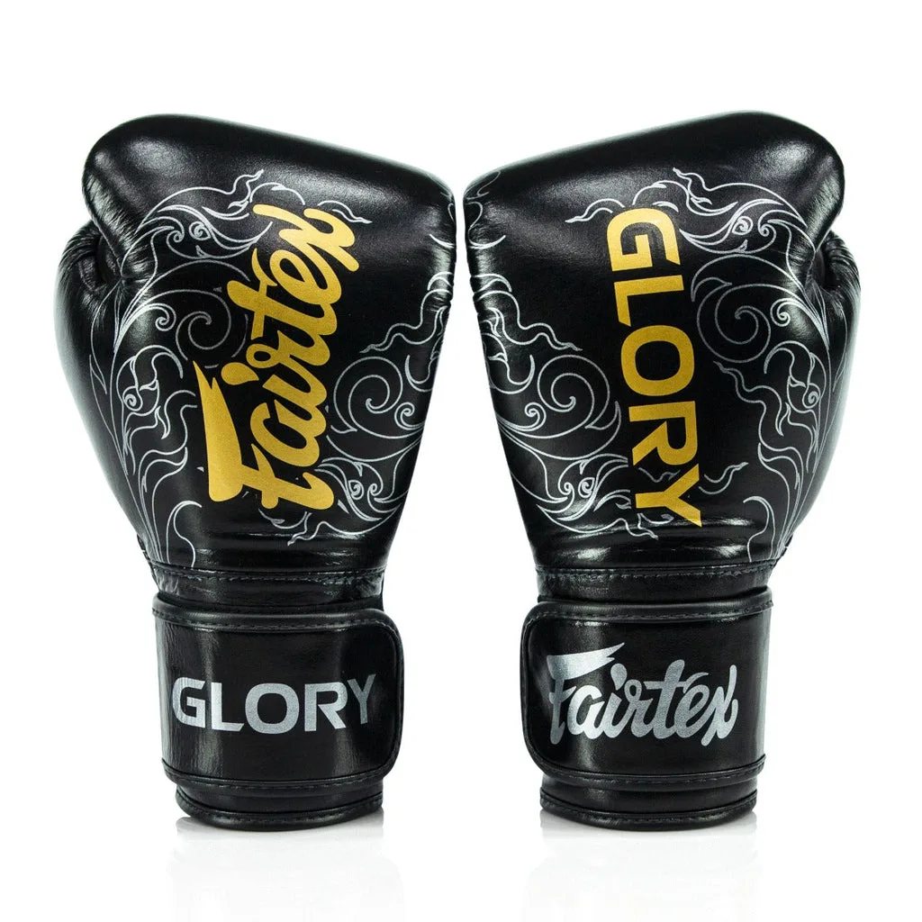 Fairtex x Glory Kickboxing Gloves BGVG3 - 2023 Edition в черно и сребристо, с логата на Fairtex и Glory
