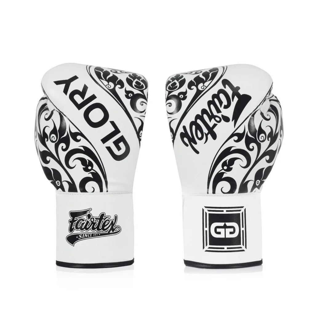 Бял боксови ръкавици Fairtex x Glory Limited Edition BGLG2 с връзки, страничен изглед