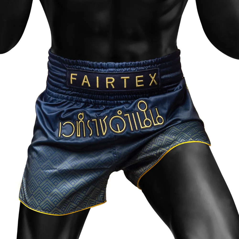 Fairtex x Rajadamnern Muay Thai Шорти - Син/Златен BS-RAJ03 с емблеми на стадиона и тайландски надписи