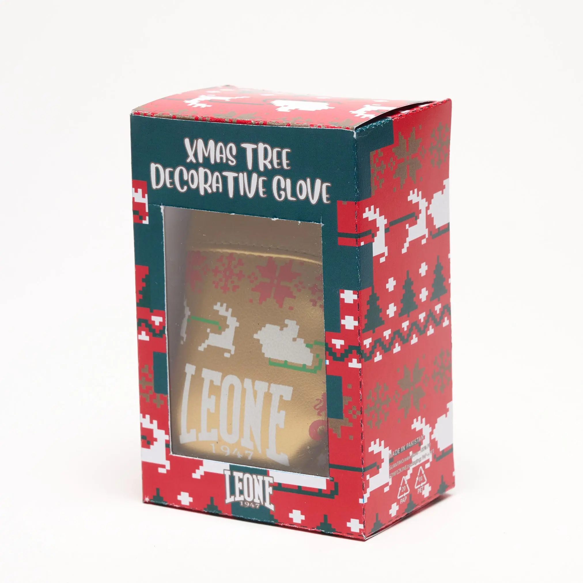 Leone Играчка за елха MINI XMAS GLOVE - AC23X / Red, страничен изглед на опаковката с виждане на продукта
