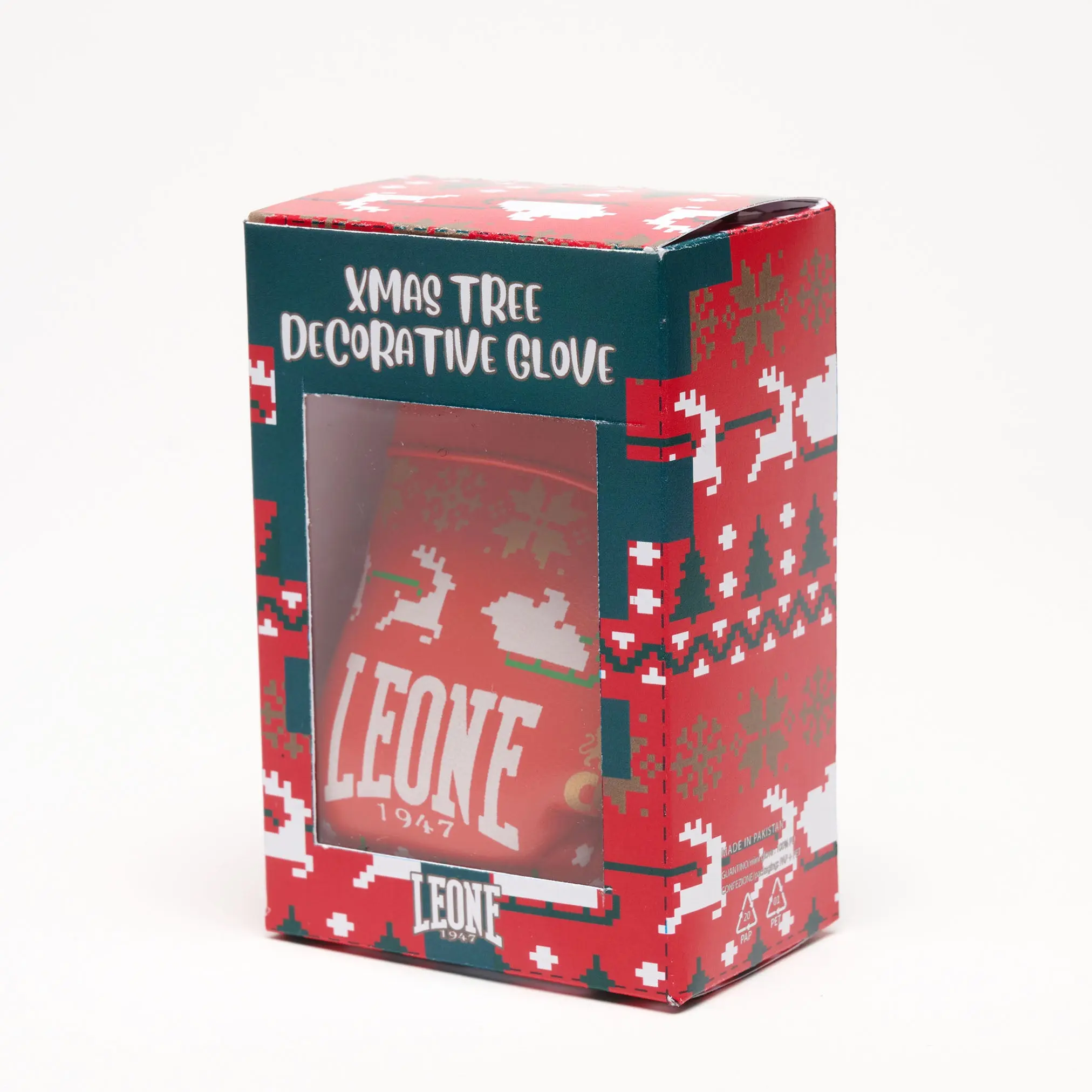 Leone Играчка за елха MINI XMAS GLOVE - AC23X / Red, преден изглед на опаковката с виждане на продукта