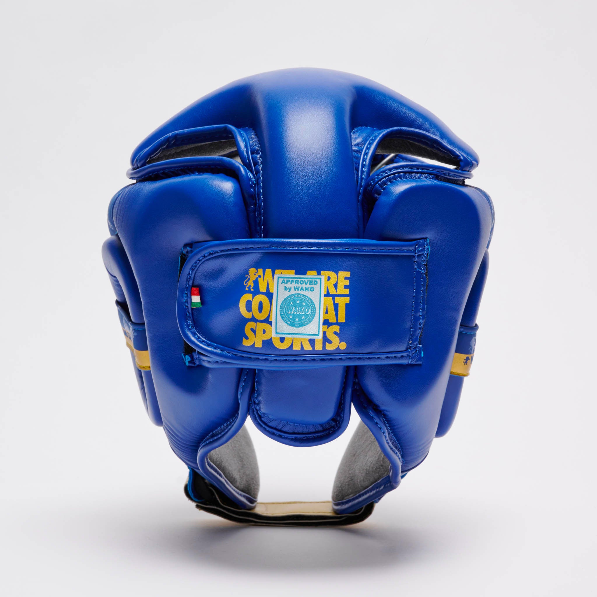 Leone 1947 DNA WAKO Approved Headgear - Blue, преден план с WAKO Approved етикет