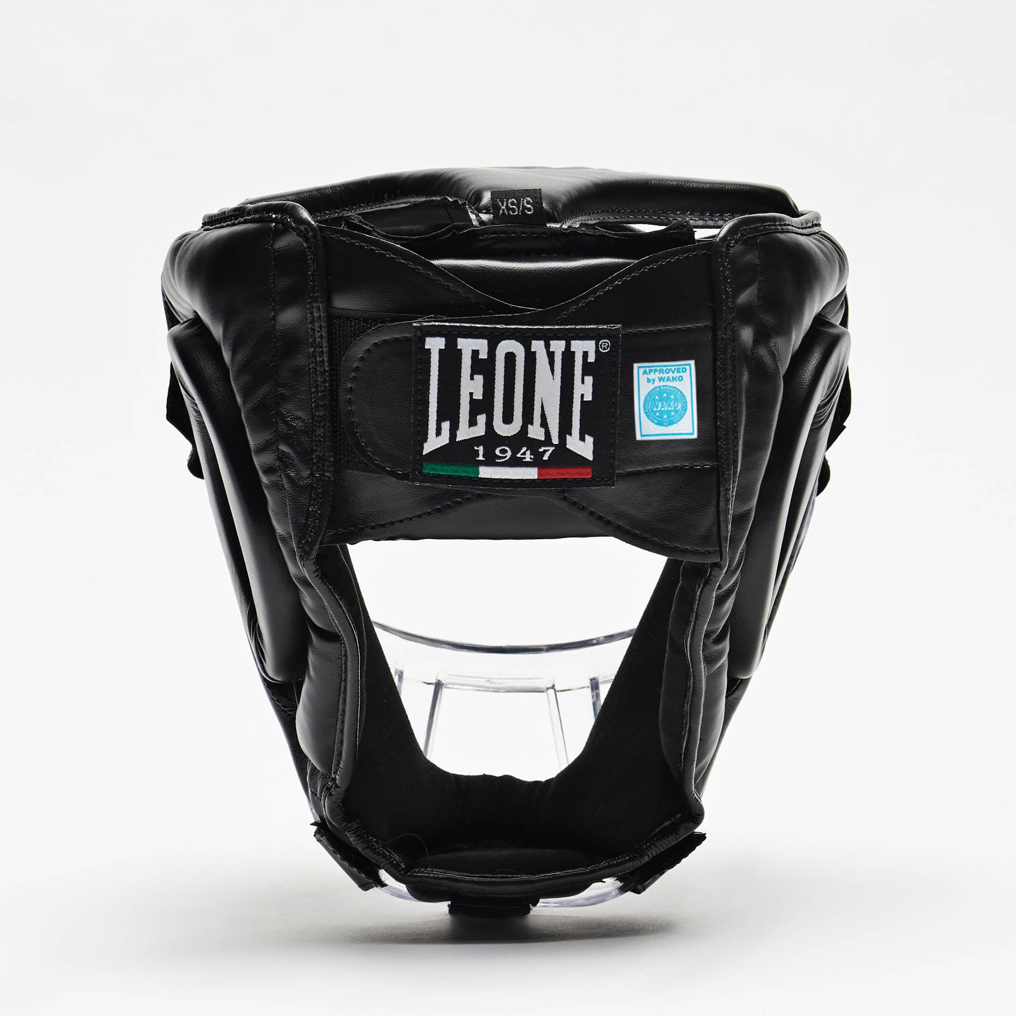 Leone 1947 Plastic Pad WAKO Approved Headgear - Black, вътрешен изглед с етикет и размер
