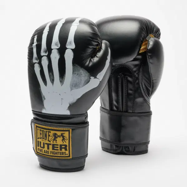 Leone - LEONE X IUTER BOXING GLOVES GN01IU / Black преден изглед на ръкавици за бокс с костен дизайн