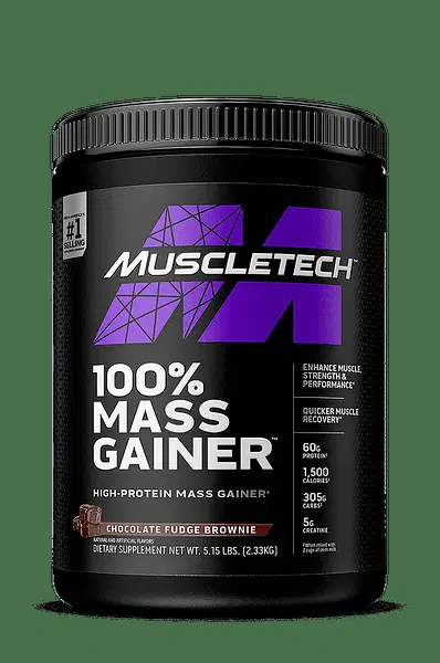 MuscleTech 100% Mass Gainer 2330 грама шоколадов вкус преден изглед на опаковката