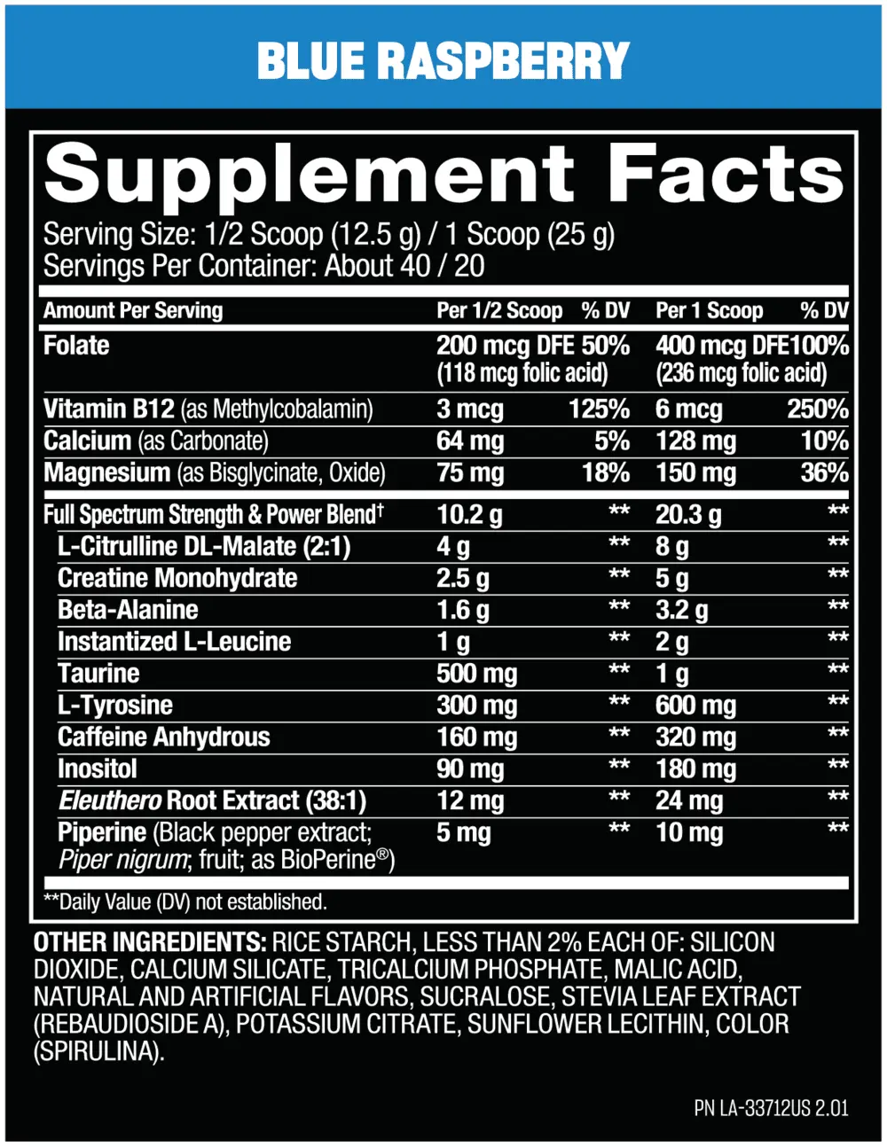 Mutant - All-In Pre-Workout хранителна таблица за вкус Blue Raspberry
