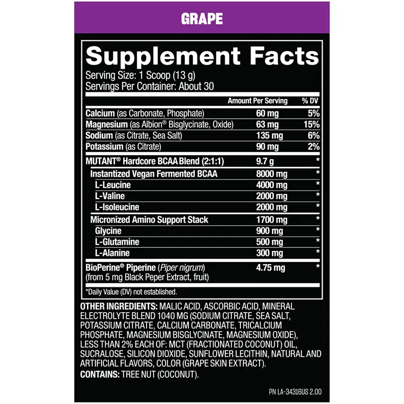 Mutant - HARDCORE BCAA етикет с хранителна информация за вкус Грозде