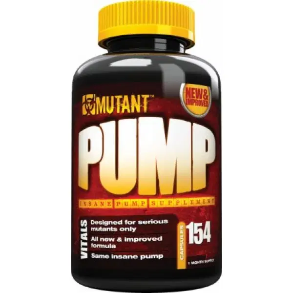 Mutant - Pump / 154 caps. преден изглед на опаковката с жълт капак и етикет NEW & IMPROVED