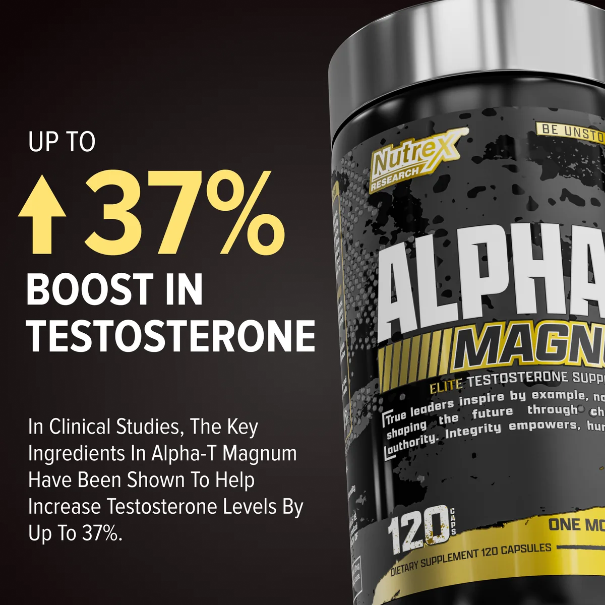 Nutrex Alpha-T Magnum, преден изглед и текст за повишаване на тестостерона