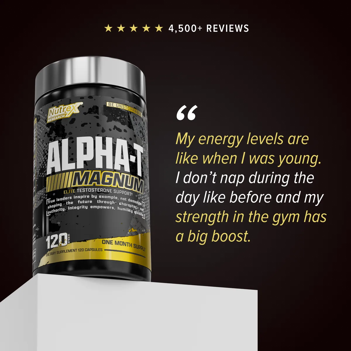 Nutrex Alpha-T Magnum, преден изглед с цитат от клиент