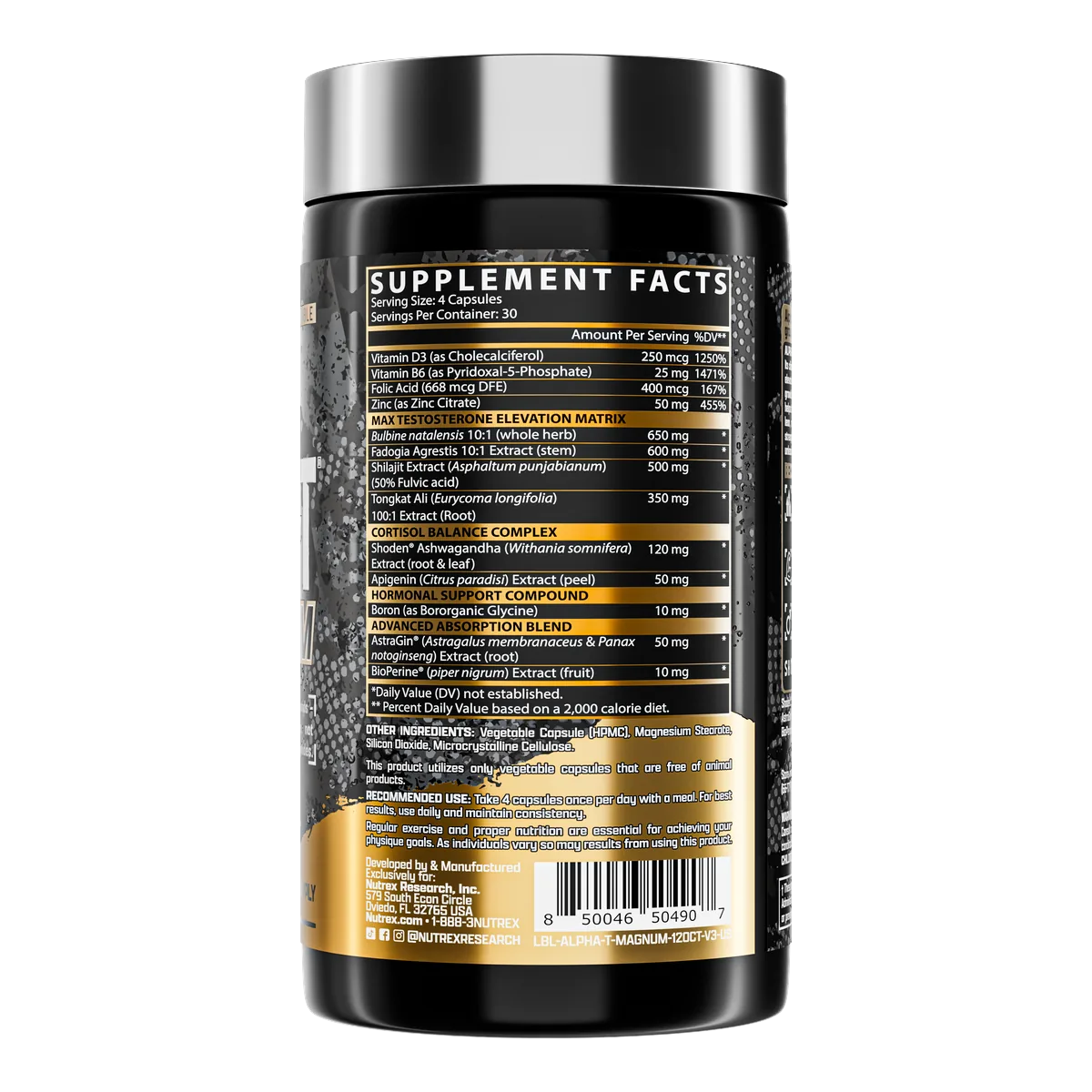 Nutrex Alpha-T Magnum, заден изглед с хранителна таблица и информация за продукта