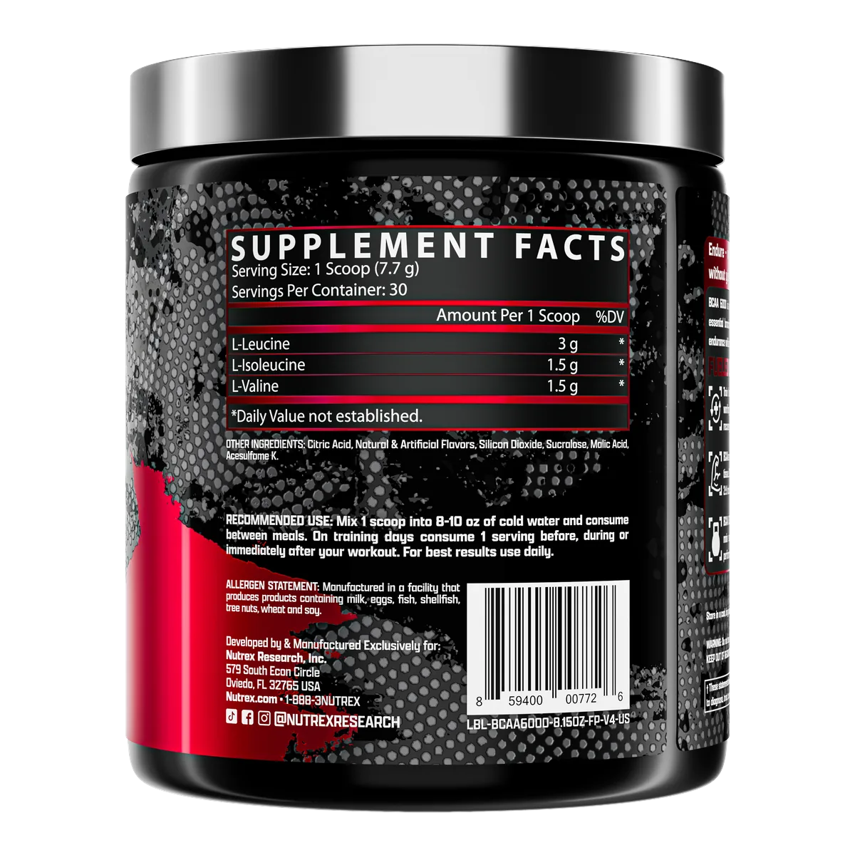 Nutrex BCAA 6000 Fruit Punch хранителна таблица
