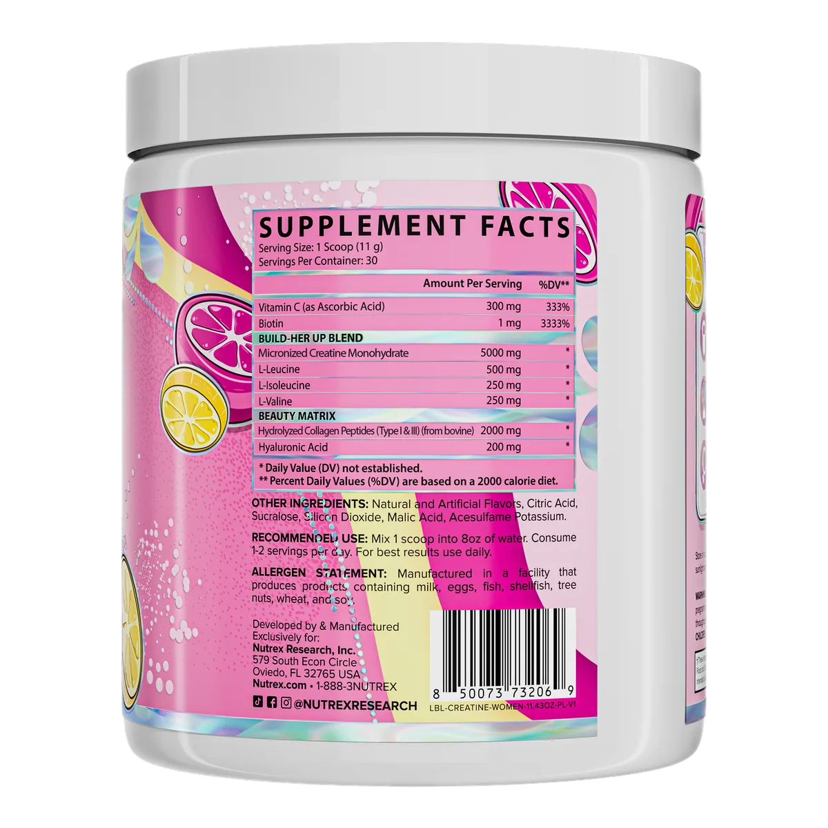 Creatine For Women Nutrex, информационен етикет на розова опаковка с вкус Pink Lemonade