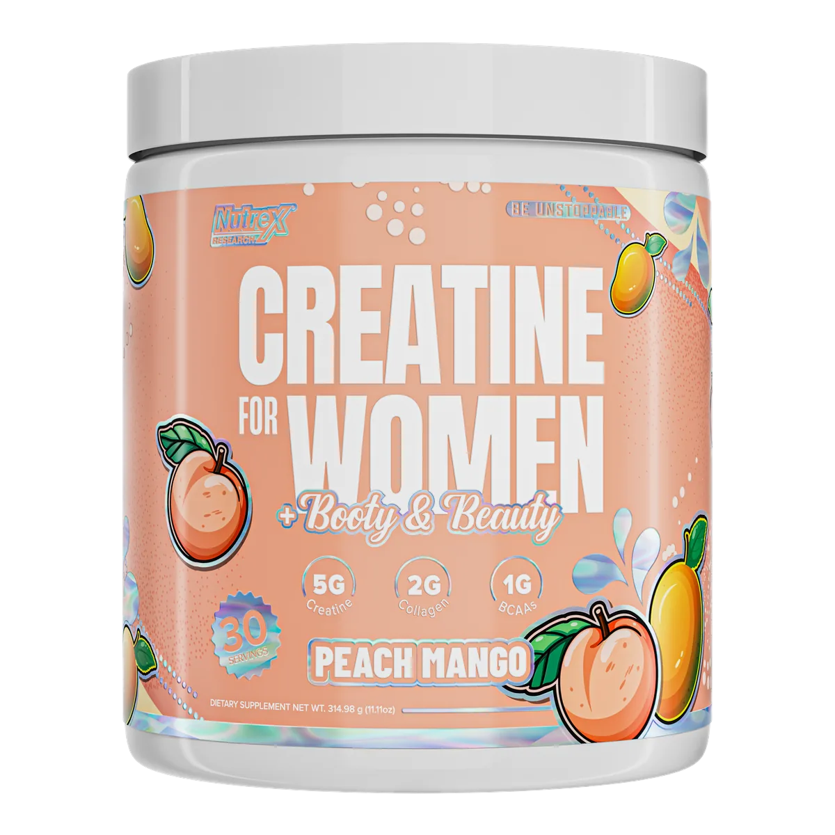 Creatine For Women Nutrex, преден изглед на прасковена опаковка с вкус Peach Mango